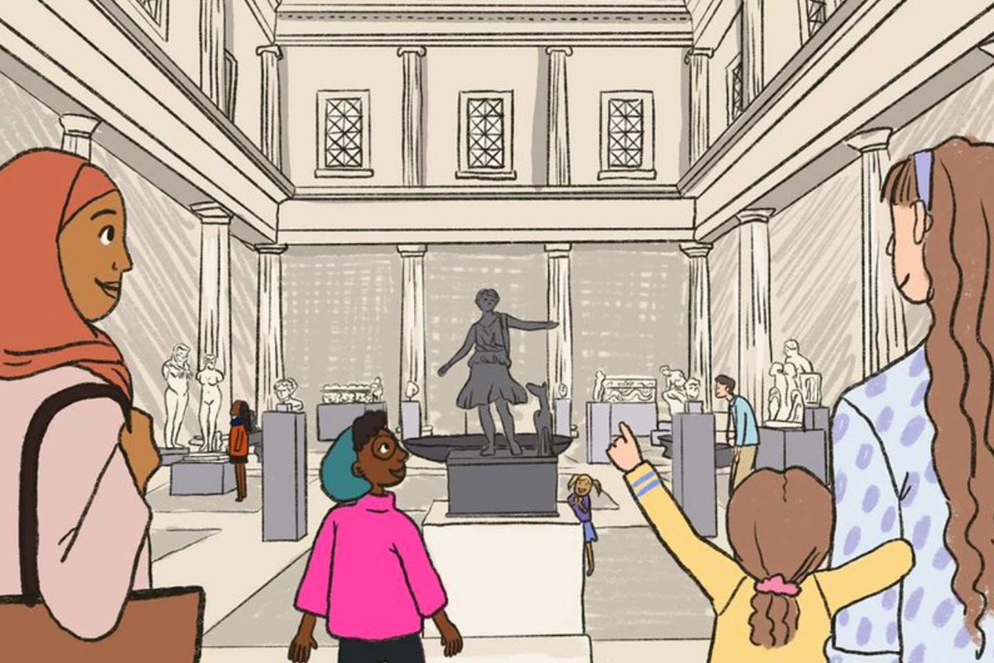 Animation of a girl standing amid various marble sculptures and statues